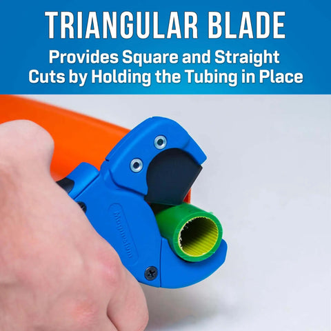 Close-up of Pro Grade Heavy Duty 14-Piece Fiber Optic Duct Kit precision tube cutter in use, showing triangular blade cutting tubing.