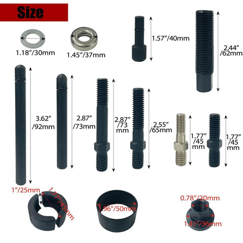 Power Steering Pulley Puller And Installer Kit For GM Ford Chrysler Engines bolt sizes and components displayed