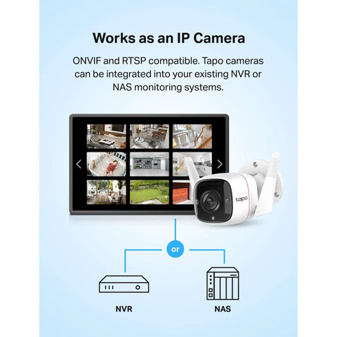 2K QHD Outdoor Security Camera With 24 Hour Recording, Advanced Person and Vehicle Detection, displayed with monitor integration options.