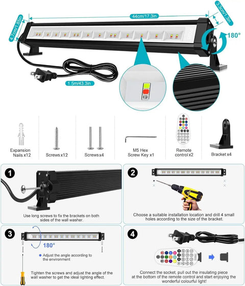 Rock Your Outdoor Lighting With These Super Cool 25W RGBW LED Wall Washer Lights Offering Awesome Color Changing RGB Effects IP66 Waterproof Design Remote Control And Plug Perfect For Christmas Halloween Stage And Landscape Parties One Pack set with accessories like screws, remote, and bracket diagrams.