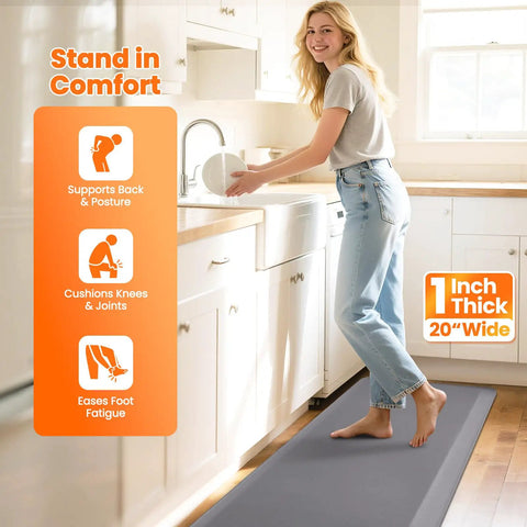 One Inch Thick Comfy Anti Fatigue Kitchen Floor Mat Non Slip Waterproof Cushioning For Standing Desk Home Kitchen Sink 20x72 Grey