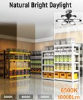 Lighting comparison in storage room with Ultra Bright Four Pack 40000 Lumen LED Garage Light With 6 Plus 1 Deformable Panels