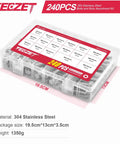 Beefy 240 Piece M5 M6 M8 Flanged Bolts And Nuts Set In Stainless Steel 304 in clear storage box with size chart visible.