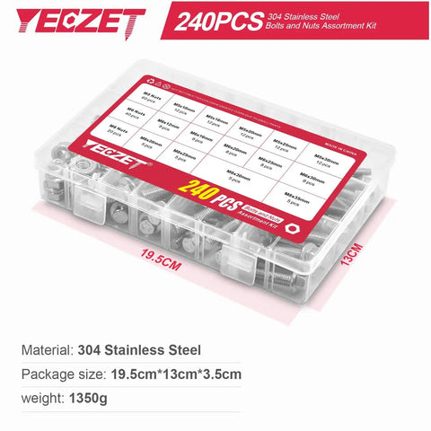 Beefy 240 Piece M5 M6 M8 Flanged Bolts And Nuts Set In Stainless Steel 304 in clear storage box with size chart visible.