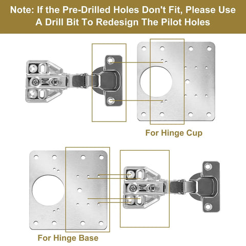Diagram of 20-Piece Upgraded Cabinet Hinge Repair Plate Kit with stainless steel mounting plates and installation instructions.