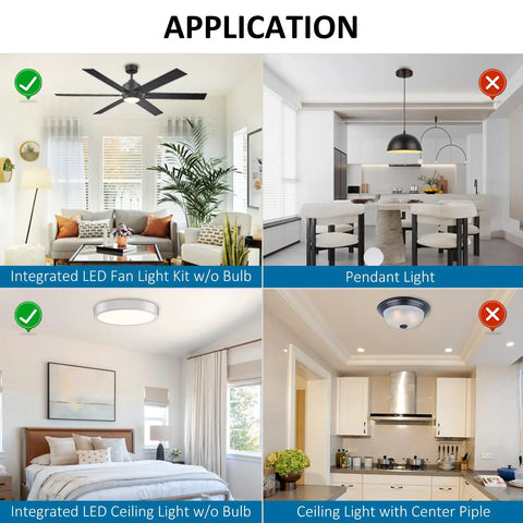 Image showing applications for 4 Inch Ceiling Fan Led Light Replacement 6000K Hella Bright Retrofit Kit in home settings.