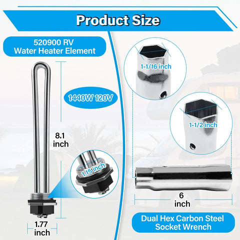 520900 Replacement Water Heater Element Kit For RV SW Series Electric Water Heater With 1440W 120V Screw In Heating Element Includes Gasket And Wrench Socket Compatible With SW4DE SW6DE SW10DE And Related Models.