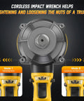 Badass Cordless Impact Wrench Cracks 1200 Nm Legit Torque 1/2 Inch Brushless Impact Gun showing control modes for tightening and loosening nuts.
