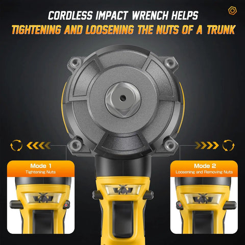 Badass Cordless Impact Wrench Cracks 1200 Nm Legit Torque 1/2 Inch Brushless Impact Gun showing control modes for tightening and loosening nuts.