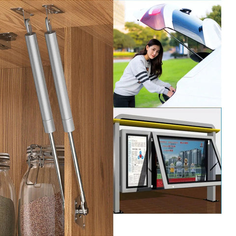 Image showing Dual 200N 45Lb Gas Struts For Heavy Lids, 10 Inch Soft Close Gas Spring Hinges in chrome silver finish installed.