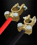 Beefy Brass Battery Terminals Top Post Connectors Clamps Set for Marine Cars Boats and RVs, shown installed with red and black wires