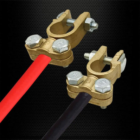 Beefy Brass Battery Terminals Top Post Connectors Clamps Set for Marine Cars Boats and RVs, shown installed with red and black wires