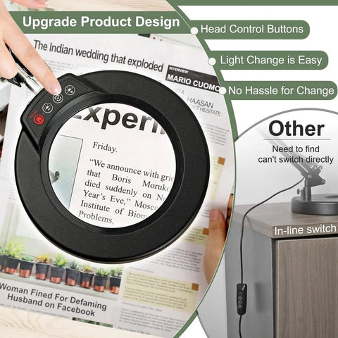 2 In 1 LED Magnifying Glass With Stand And Clamp, showing head control buttons and USB power cable on desk