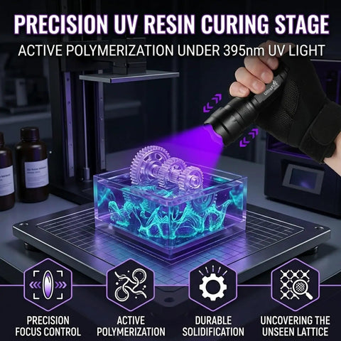 Ultra Bright UV Blacklight Flashlight With 395 405 Nm LED shining on model gears in resin curing stage for indoor use