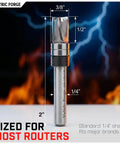 Down Cut Flush Trim Router Bit With One Quarter Inch Shank, Three Eighths Inch Cutting Diameter, One Half Inch Cutting Length, Three Flute Solid Carbide Pattern Template Bit For Woodworking Jigs And Top Bearing Cuts, Zero Tear-Out Geometry