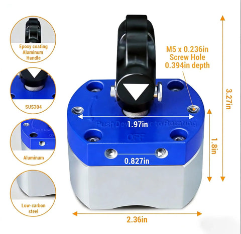 180Lb Switch Magnet For Lifting, Welding And Positioning, aluminum handle, blue and silver with dimensions.