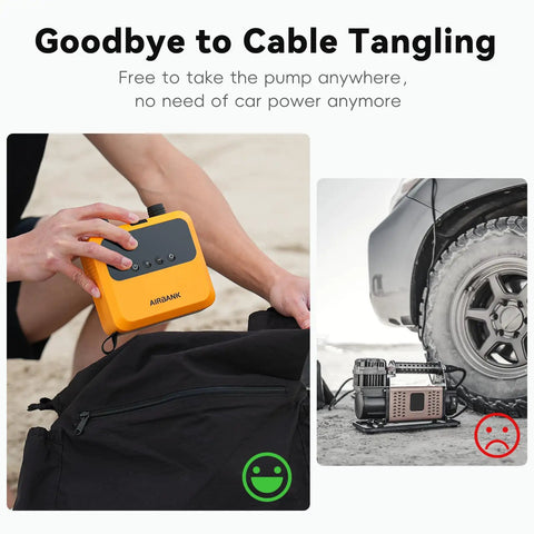 Person holding Mini Paddle Board Pump Pulse Pro, Rechargeable Electric SUP Pump, orange, next to a backpack.