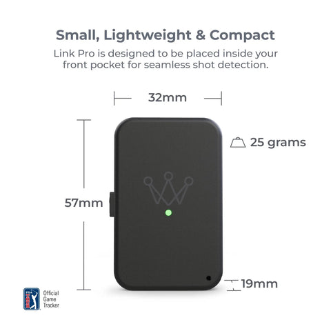 Link Pro Wearable Golf Tracker: Auto Tracks Every Shot With AI, No Phone Needed, Pocket Friendly; shows size and weight details.