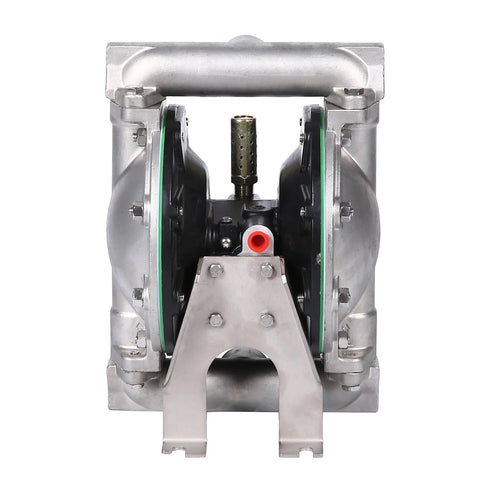 Front view of air-operated double-diaphragm pump with 1-inch inlet/outlet, aluminum alloy body, PTFE diaphragms.