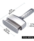 Front view of a meat tenderizer tool with an extra-long textured stainless steel handle and rolling blade, Amazon brand