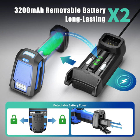 Rock Solid Wireless Barcode Scanner With Charging Stand showing 3200mAh removable battery and dock-mounted charger.