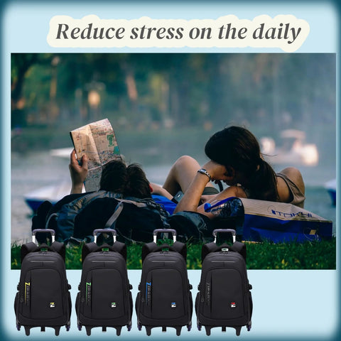 Black Kids Rolling Backpack For School With Six Wheels Durable Trolley Style Book Bag displayed below park scene