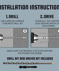 Installation instructions for 2 1/4 Inch Concrete Screws Set With RedSeal Moisture Barrier Hex Head 12 Pack Pro Grade
