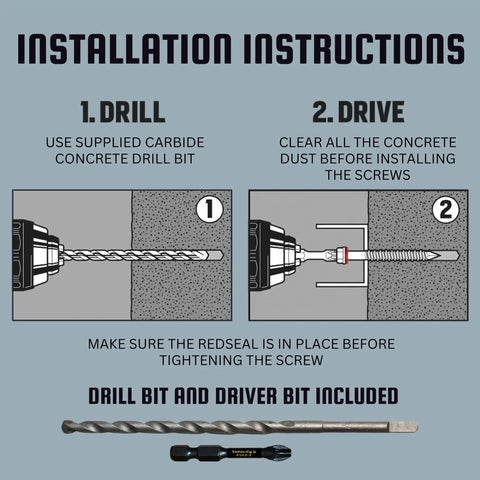 Installation instructions for 2 1/4 Inch Concrete Screws Set With RedSeal Moisture Barrier Hex Head 12 Pack Pro Grade