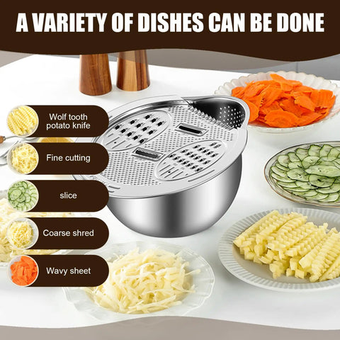 Stainless Steel Rice Strainer Colander With Side Drain, Grater Lid, Hanging Hole, And V-Shaped Bottom, 304 Grade Kitchen Washing Bowl with slices of veggies