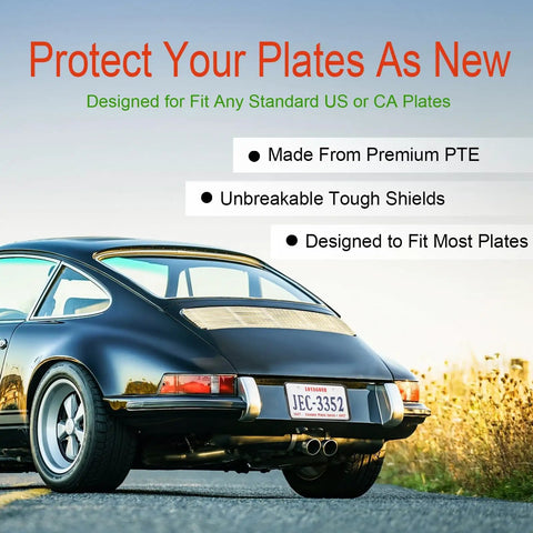 Classic car parked with 2Pack Transparent License Plate Cover And Frame Set, Clear Front And Rear Plate Holder, Unbreakable Car License Plate Protector Fits Any US 6x12 Plates.