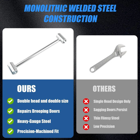 Comparison of heavy duty 14 to 19 mm flag hinge adjustment tool with regular wrench for door alignment