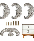 Four Piece Crescent Moon Cabinet Knobs Vintage Retro Drawer Pulls With Moody Carved Faces For Gothic Boho Kitchen And Vanity Hardware, silver zinc alloy drawer knobs with screws.