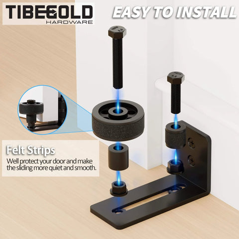Bottom Adjustable Barn Door Floor Guide Kit with wall rollers; black carbon steel, showing installation with felt strips.