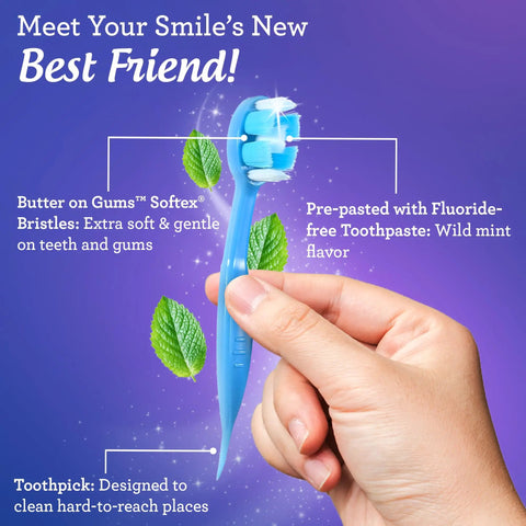 Person holding Mini Disposable Travel Toothbrush With Pre Pasted Toothpaste And Built In Toothpick No Rinse Fluoride Free Softex Bristles
