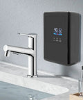 Instant Tankless Electric Water Heater 4500W Wall Mounted Digital Display next to shiny faucet on marble countertop.