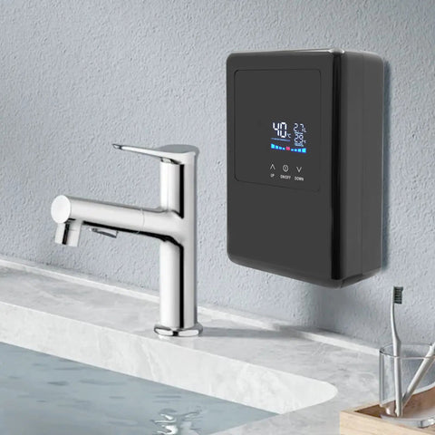 Instant Tankless Electric Water Heater 4500W Wall Mounted Digital Display next to shiny faucet on marble countertop.