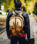 Man in black jacket wearing Golden Hour Arid Cactus Print Unisex Everyday Carry Backpack with skateboard