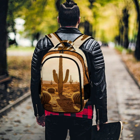 Man in black jacket wearing Golden Hour Arid Cactus Print Unisex Everyday Carry Backpack with skateboard