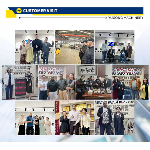 Customer visit at Yugong Machinery showcasing diverse clients with thumbs up and machinery background. Heavy Duty Rebar Stirrup Cnc Bender Iron Bending Reliable Workhorse Built Tough For High Volume Concrete Hoops Job Site Ready Equipment For Builders And Contractors.
