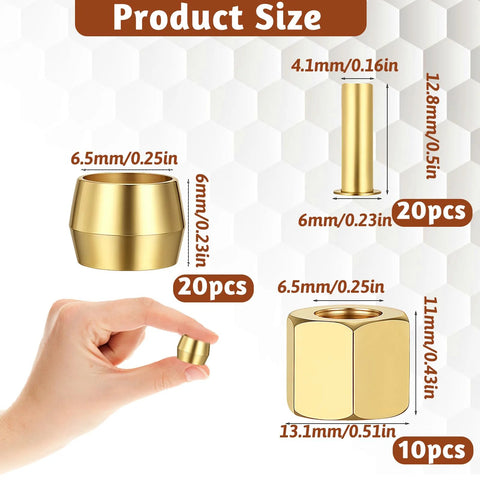 Gold brass compression fittings assortment kit with sleeves and nuts; 20pcs/10pcs sets for air, water, oil lines.