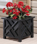 Set Of 2 Chippendale Planter Boxes In Black For Outdoor Decor With Built In Planter Inserts Weather Resistant Polypropylene Classic Lattice Style To Amp Up Your Garden Patio And Lawn Holds Flowers Or Topiaries 14.75 Inch Square By 13.25 Inch Tall with red flowers