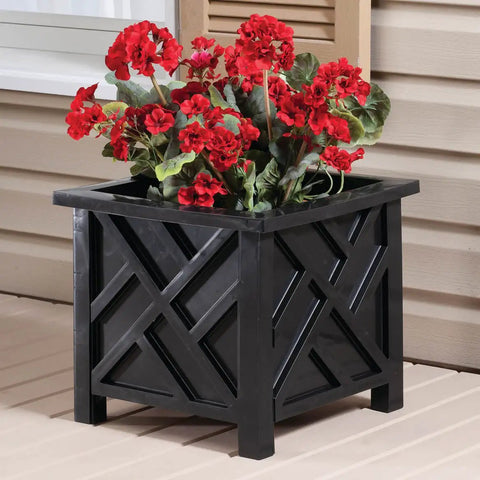 Set Of 2 Chippendale Planter Boxes In Black For Outdoor Decor With Built In Planter Inserts Weather Resistant Polypropylene Classic Lattice Style To Amp Up Your Garden Patio And Lawn Holds Flowers Or Topiaries 14.75 Inch Square By 13.25 Inch Tall with red flowers