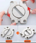 Say Bye To The Wiggle Heavy Duty Zinc Alloy Table Top Connectors With Secure Latch shown in two states with hands operating.
