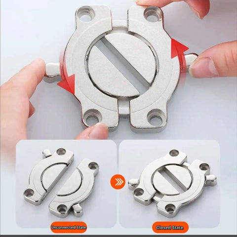 Say Bye To The Wiggle Heavy Duty Zinc Alloy Table Top Connectors With Secure Latch shown in two states with hands operating.