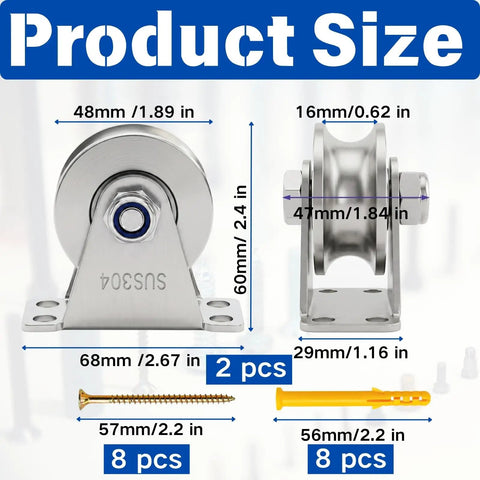 2 Pack U Groove Pulley Wheel For Rope With Stainless Steel Cable Pulley Wheel And Screws Wall Mounted Lifting Pulley Block With Duplex Bearings Heavy Duty DIY Gear For Gym Equipment And Sliding Rolling Gates, 48mm x 68mm x 60mm