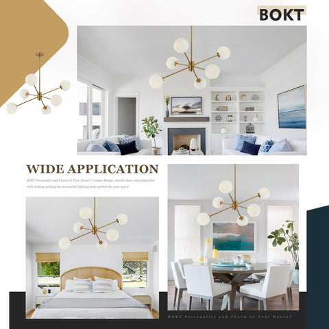 Six Light Modern Sputnik Chandelier Set With Milk Glass Globes For Kitchen Island Pendant Lighting In Gold White Brushed Brass Finish With Farmhouse Vibe And Ceiling Mount Design displayed in various interior settings.