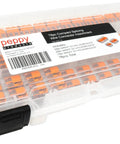 Lever Nuts 78 Piece Compact Wire Connector Set With Case For Quick Splice No Fuss 24 To 12 AWG Connect Solid Stranded And Flexible Copper Wires Includes 221 Series 412 413 415 in transparent plastic case, side view.