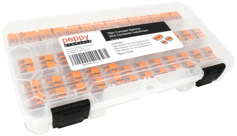 Lever Nuts 78 Piece Compact Wire Connector Set With Case For Quick Splice No Fuss 24 To 12 AWG Connect Solid Stranded And Flexible Copper Wires Includes 221 Series 412 413 415 in transparent plastic case, side view.