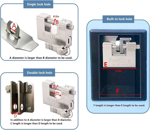 Diagram showing usage of 94mm padlock with single, double, and built-in lock holes, highlighting measurements for optimal security.