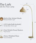 Lark Arc Floor Lamp With Hanging Wicker Shade Brass Tall Standing Light For Living Room And Office Perfect For Reading And Cozy Boho Chic Vibe Decor For Any Space; 75-inch tall lamp with wicker shade and brass arc, includes LED bulb and foot switch.